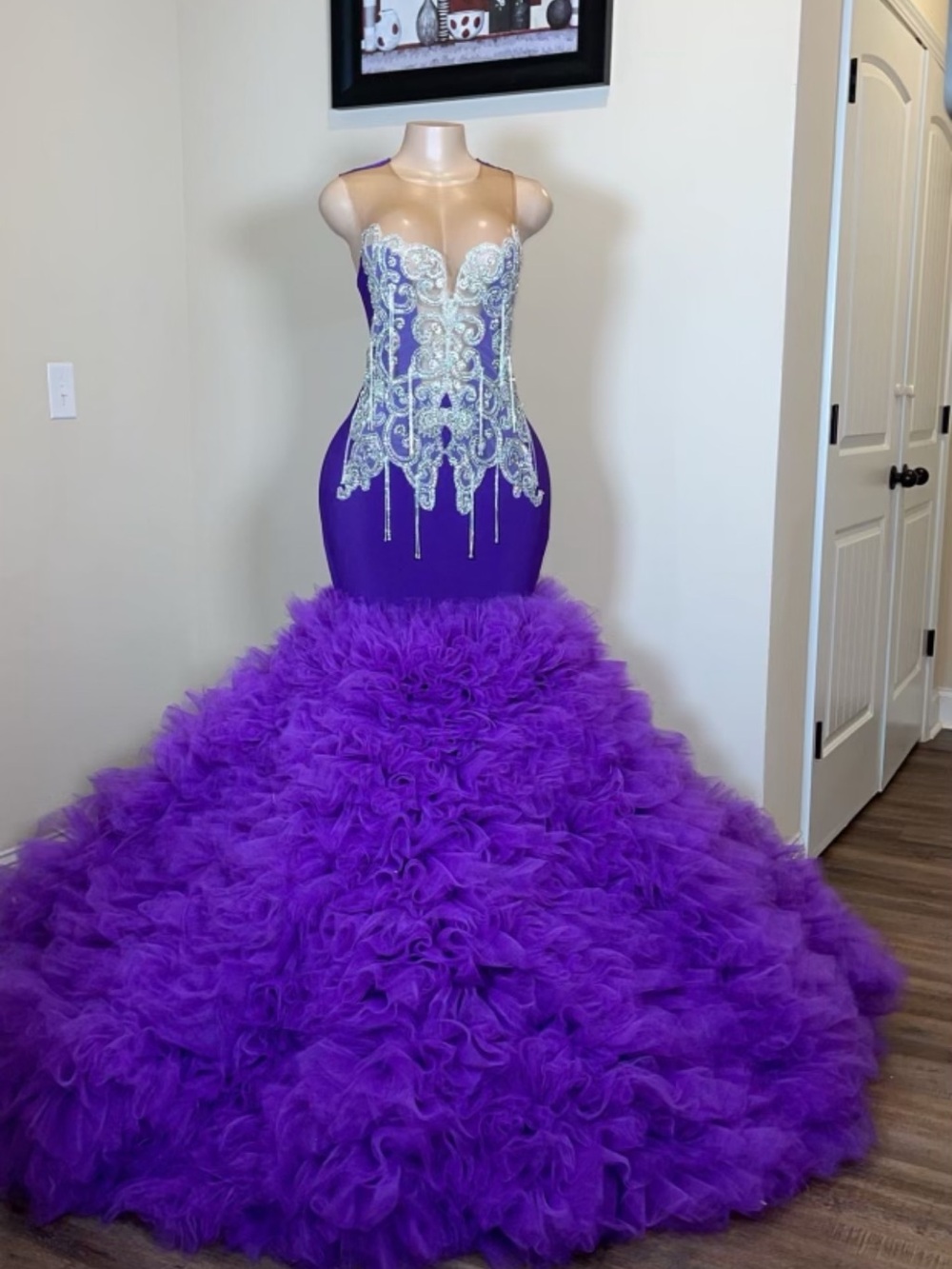 Current/Elliott Purple Ruffled Mermaid Gown with Silver Embellished Bodice
